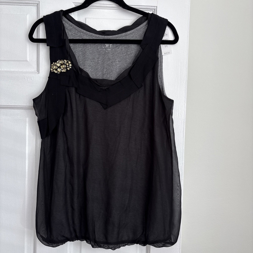NWT Ann Taylor Loft Mixed Media Blouse Black Grey Rhinestone Brooch Bubble Hem M